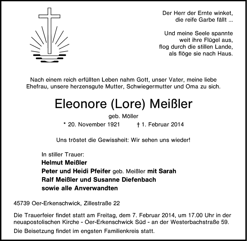  Traueranzeige für Eleonore Meißler vom 04.02.2014 aus waz