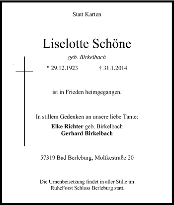 Traueranzeige von Liselotte Schöne von Tageszeitung