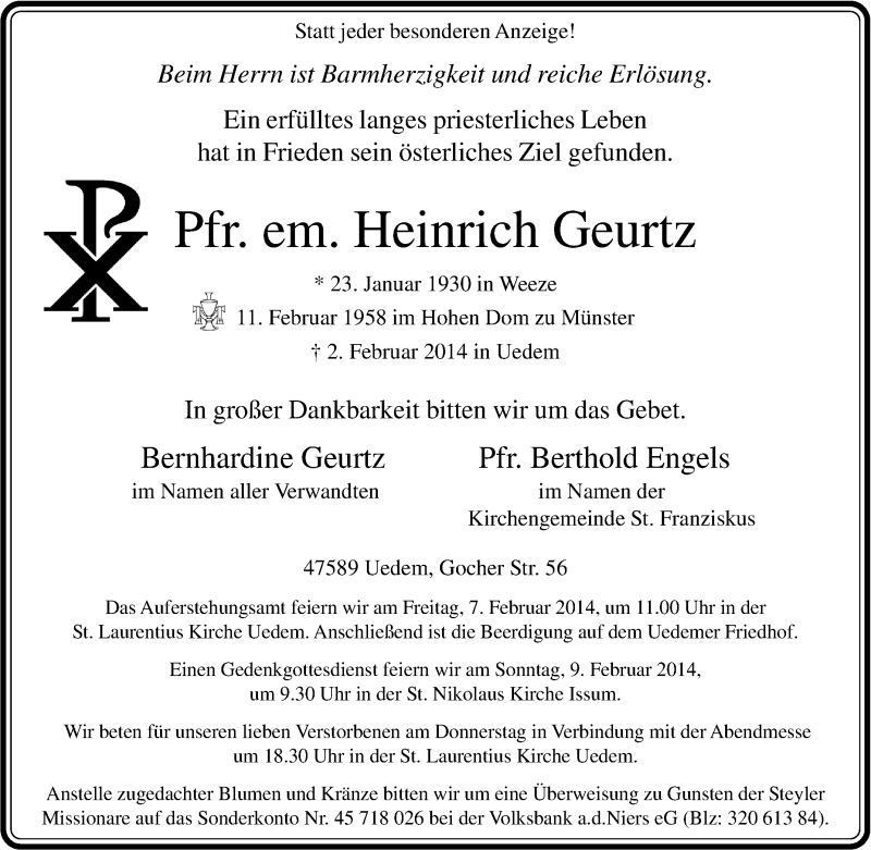  Traueranzeige für Heinrich Geurtz vom 04.02.2014 aus Tageszeitung