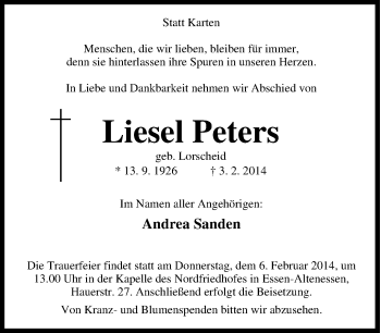 Traueranzeige von Liesel Peters von Tageszeitung