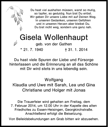 Traueranzeige von Gisela Wollenhaupt von Tageszeitung
