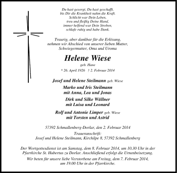 Traueranzeige von Helene Wiese von Tageszeitung