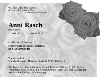 Traueranzeige von Anni Rasch von Tageszeitung