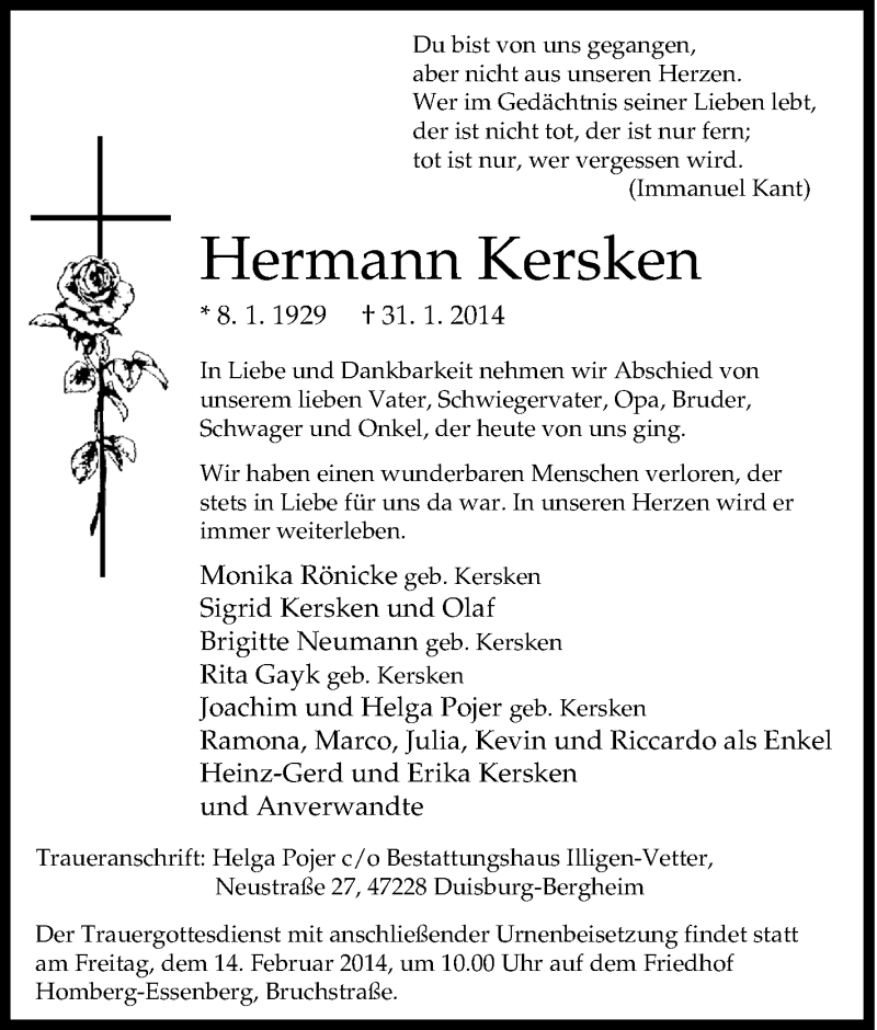  Traueranzeige für Hermann Kersken vom 08.02.2014 aus Tageszeitung