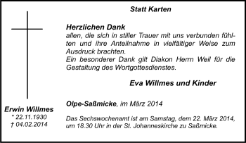 Traueranzeige von Erwin Willmes von Tageszeitung