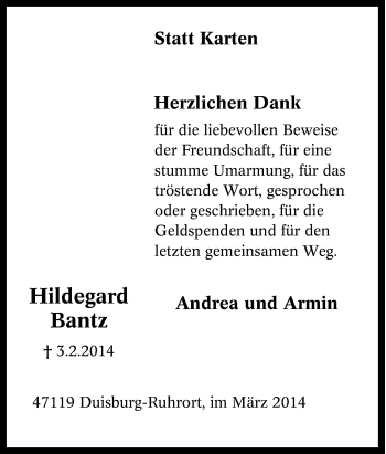Traueranzeige von Hildegard Bantz von Tageszeitung