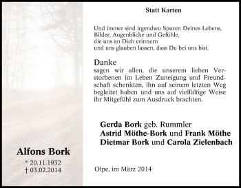 Traueranzeige von Alfons Bork von Tageszeitung