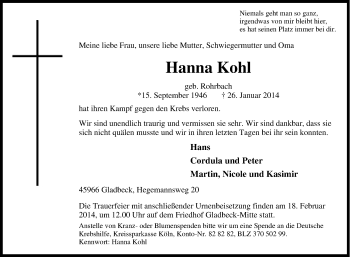 Traueranzeige von Hanna Kohl von Tageszeitung