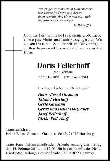 Traueranzeige von Doris Fellerhoff von Tageszeitung