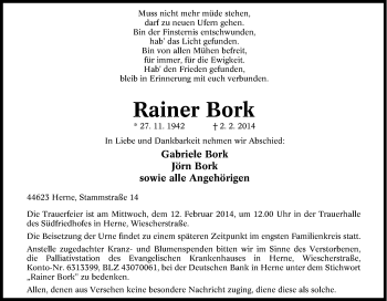 Traueranzeige von Rainer Bork von Tageszeitung