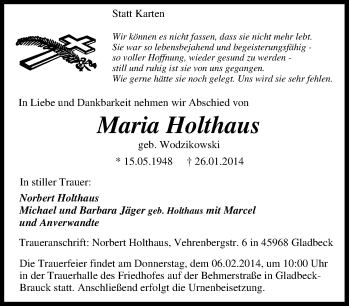 Traueranzeige von Maria Holthaus von Tageszeitung