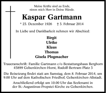 Traueranzeige von Kaspar Gartmann von Tageszeitung