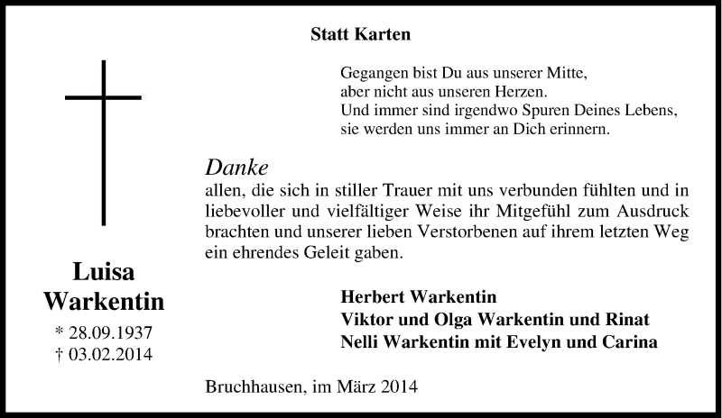  Traueranzeige für Luisa Warkentin vom 05.02.2014 aus Tageszeitung