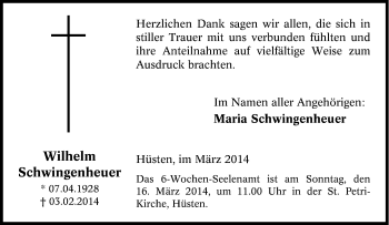 Traueranzeige von Wilhelm Schwingenheuer von Tageszeitung
