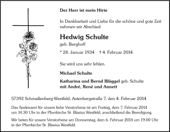 Traueranzeige von Hedwig Schulte von Tageszeitung