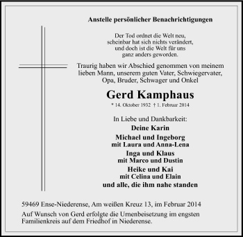 Traueranzeige von Gerd Kamphaus von Tageszeitung