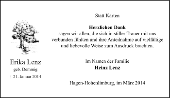 Traueranzeige von Erika Lenz von Tageszeitung