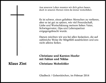 Traueranzeige von Klaus Zint von Tageszeitung