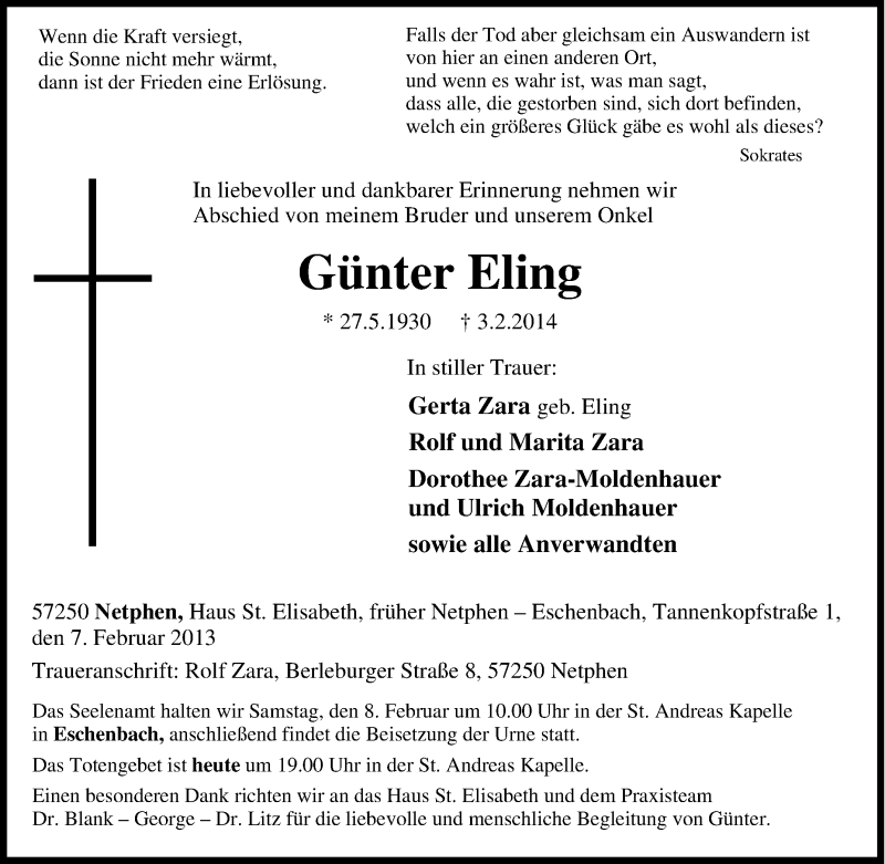  Traueranzeige für Günter Eling vom 07.02.2014 aus Tageszeitung