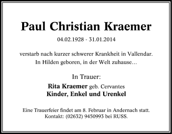 Traueranzeige von Paul Christian  Kraemer von Tageszeitung