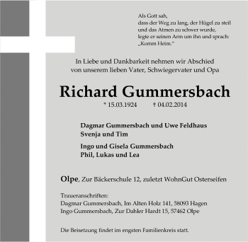 Traueranzeige von Richard  Gummersbach von Tageszeitung