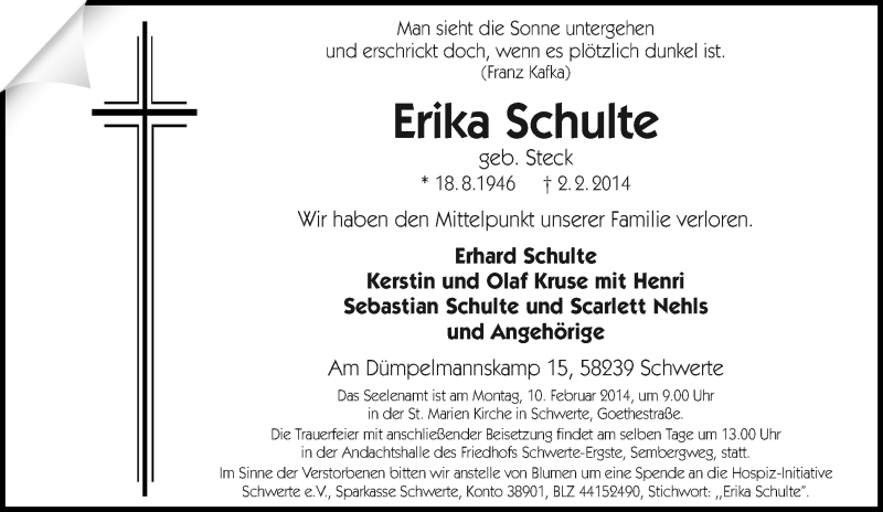  Traueranzeige für Erika Schulte vom 07.02.2014 aus Tageszeitung