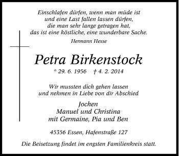 Traueranzeige von Petra Birkenstock von Tageszeitung