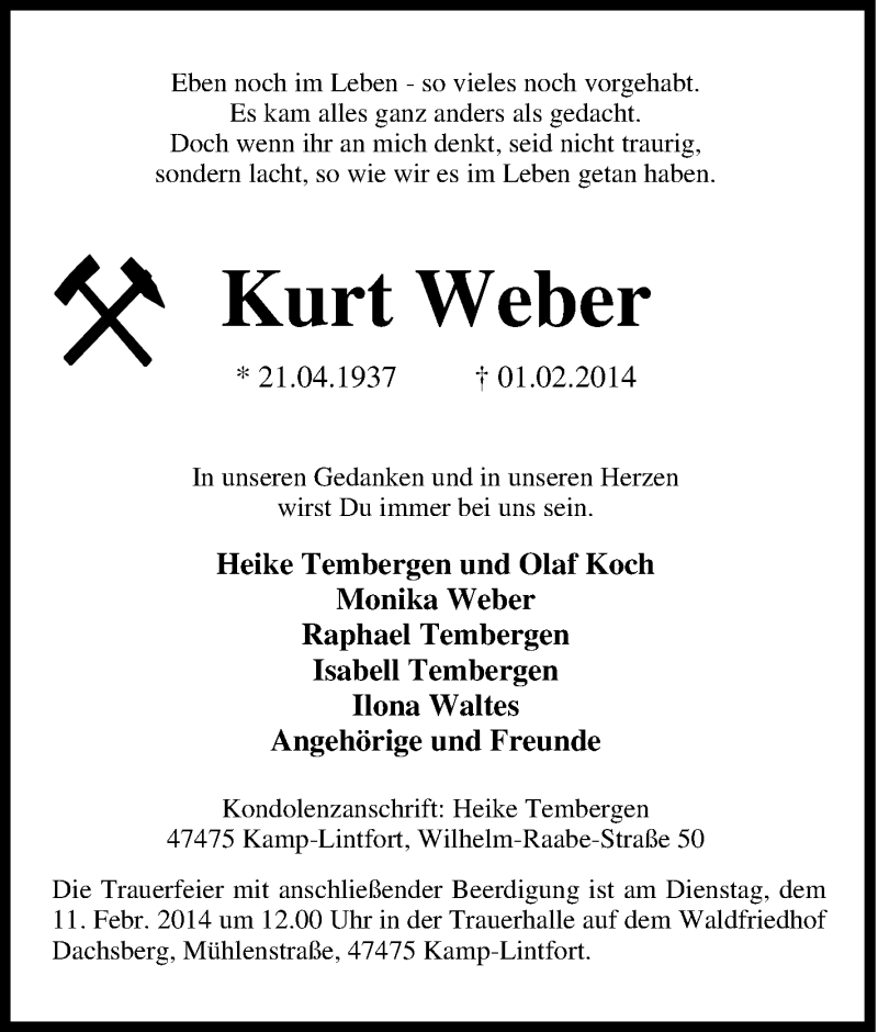  Traueranzeige für Kurt Weber vom 08.02.2014 aus Tageszeitung