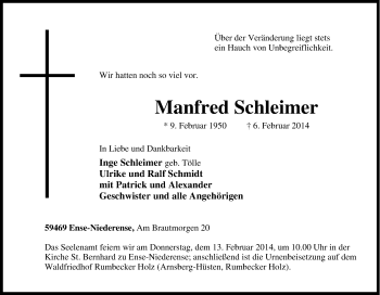 Traueranzeige von Manfred Schleimer von Tageszeitung