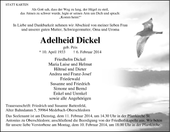 Traueranzeige von Adelheid Dickel von Tageszeitung