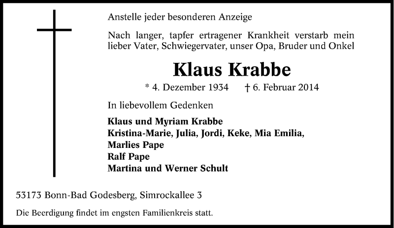  Traueranzeige für Klaus Krabbe vom 08.02.2014 aus Tageszeitung