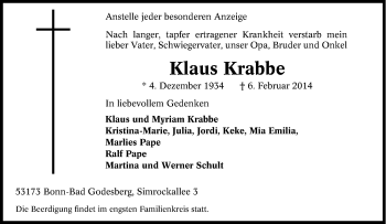 Traueranzeige von Klaus Krabbe von Tageszeitung