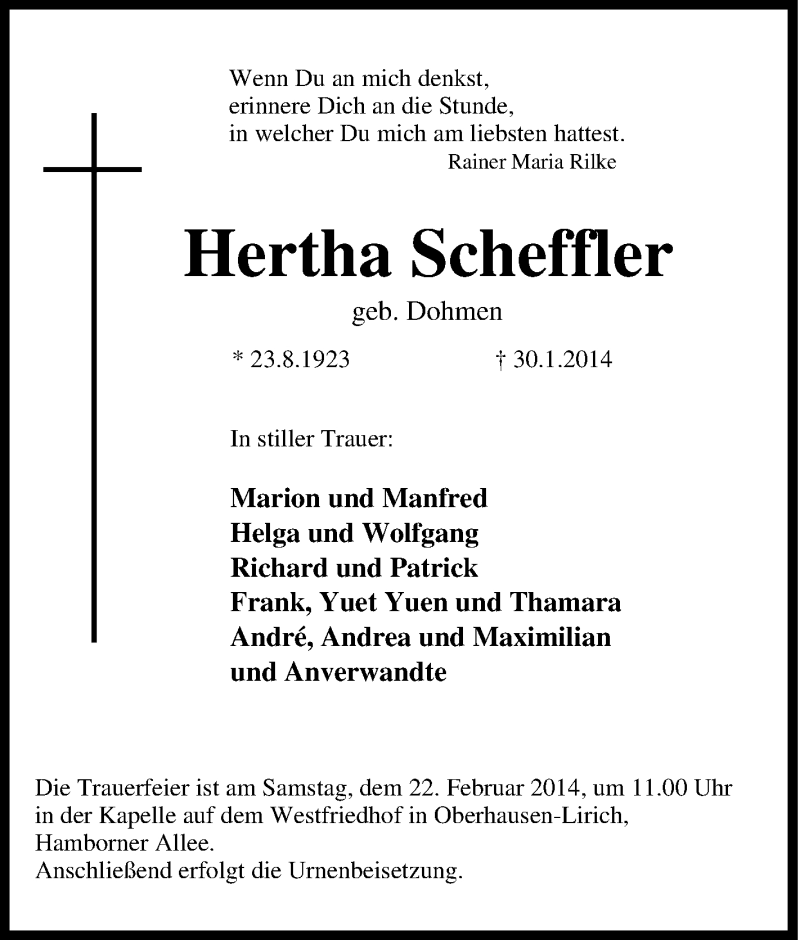  Traueranzeige für Hertha Scheffler vom 15.02.2014 aus Tageszeitung