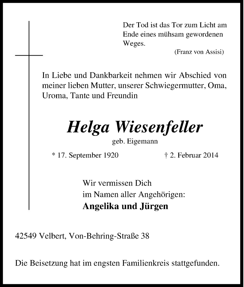  Traueranzeige für Helga Wiesenfeller vom 08.02.2014 aus Tageszeitung