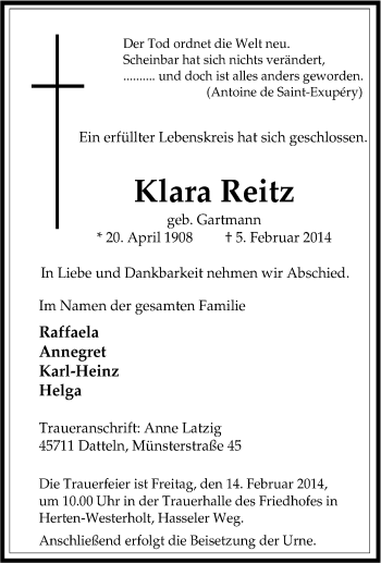 Traueranzeige von Klara Reitz von Tageszeitung