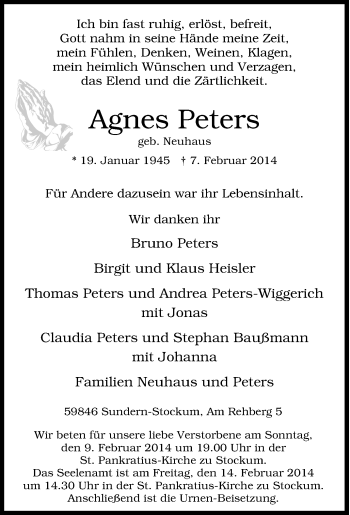 Traueranzeige von Agnes Peters von Tageszeitung