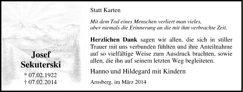  Traueranzeige für Josef Sekuterski vom 08.02.2014 aus Tageszeitung