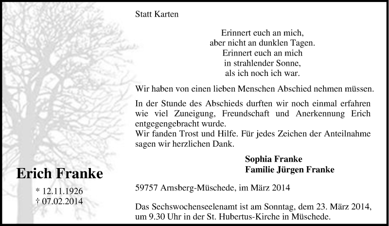 Traueranzeige für Erich Franke vom 10.02.2014 aus Tageszeitung