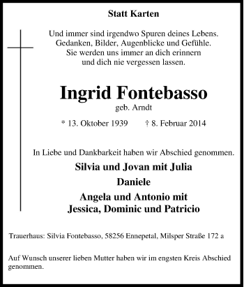 Traueranzeige von Ingrid Fontebasso von Tageszeitung