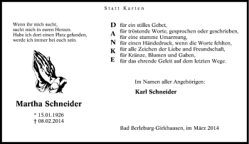 Traueranzeige von Martha Schneider von Tageszeitung