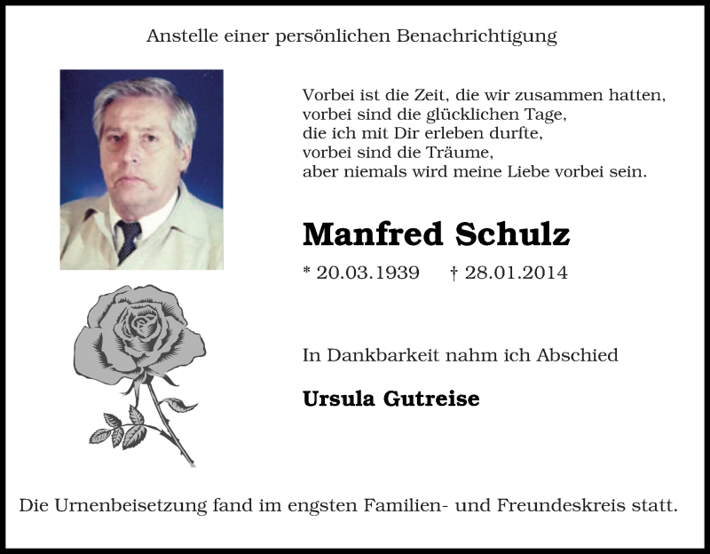  Traueranzeige für Manfred Schulz vom 15.02.2014 aus Tageszeitung