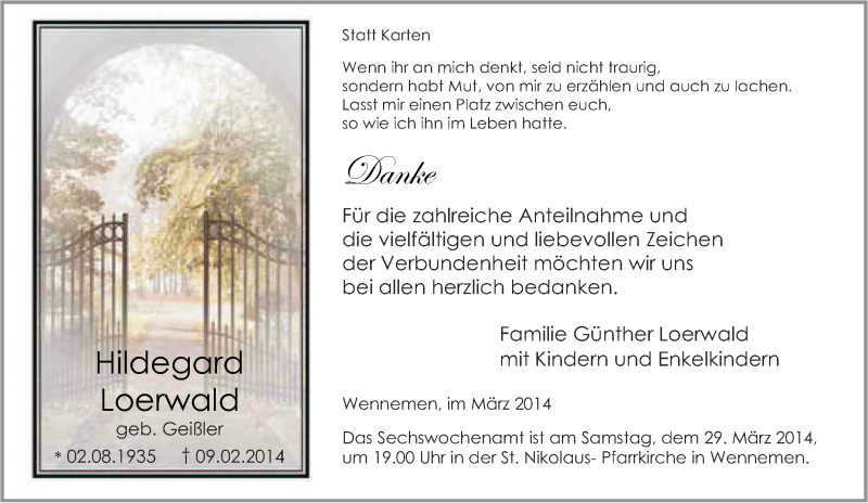  Traueranzeige für Hildegard Loerwald vom 11.02.2014 aus Tageszeitung