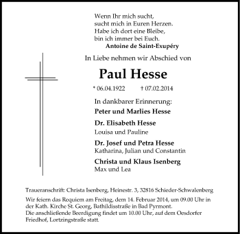 Traueranzeige von Paul Hesse von Tageszeitung