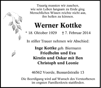 Traueranzeige von Werner Kottke von Tageszeitung