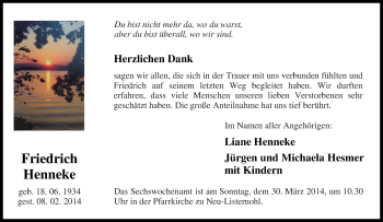 Traueranzeige von Friedrich Henneke von Tageszeitung