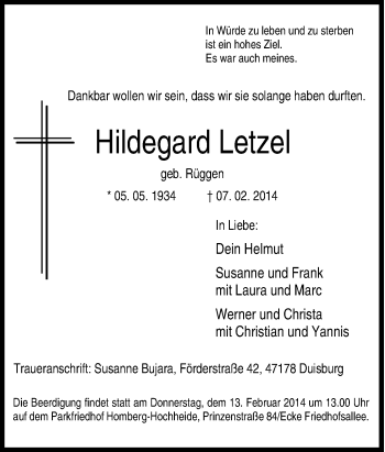 Traueranzeige von Hildegard Letzel von Tageszeitung
