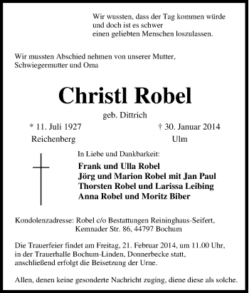 Traueranzeige von Christl Robel von Tageszeitung