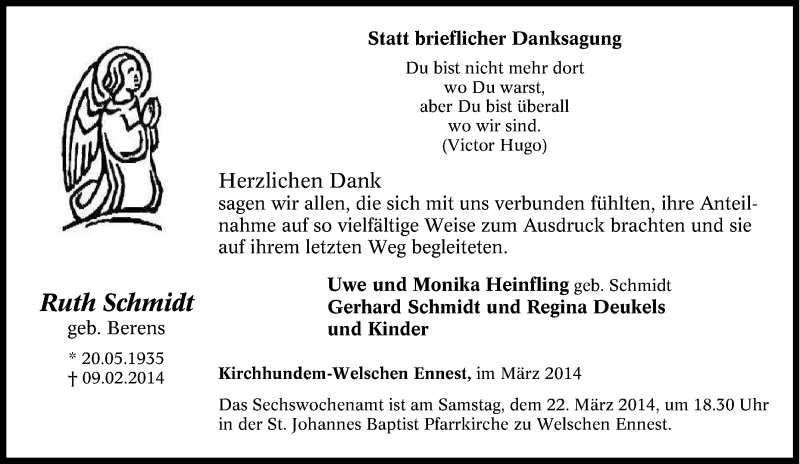  Traueranzeige für Ruth Schmidt vom 11.02.2014 aus Tageszeitung