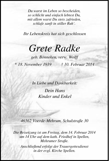 Traueranzeige von Grete Radke von Tageszeitung