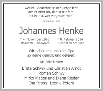 Traueranzeige von Johannes Henke von Tageszeitung
